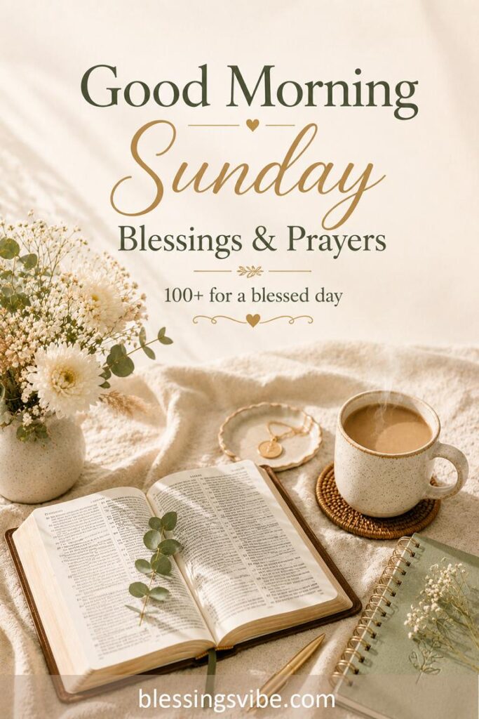 Good morning Sunday blessings flat lay with Bible and coffee on cream background in golden morning light