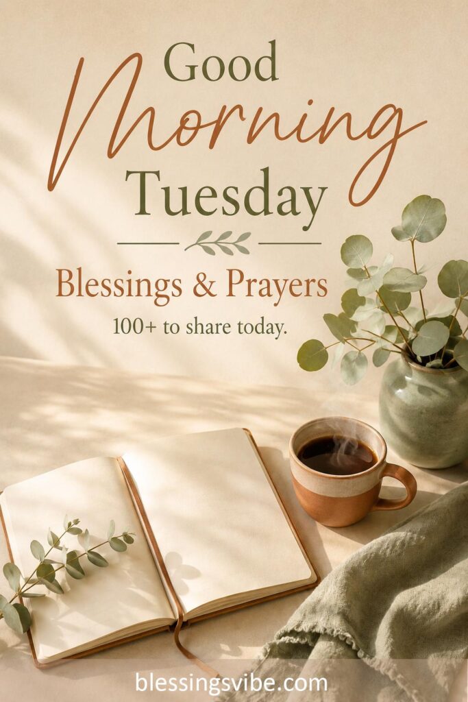 Good morning Tuesday blessings flat lay with journal and coffee on cream background in soft morning light