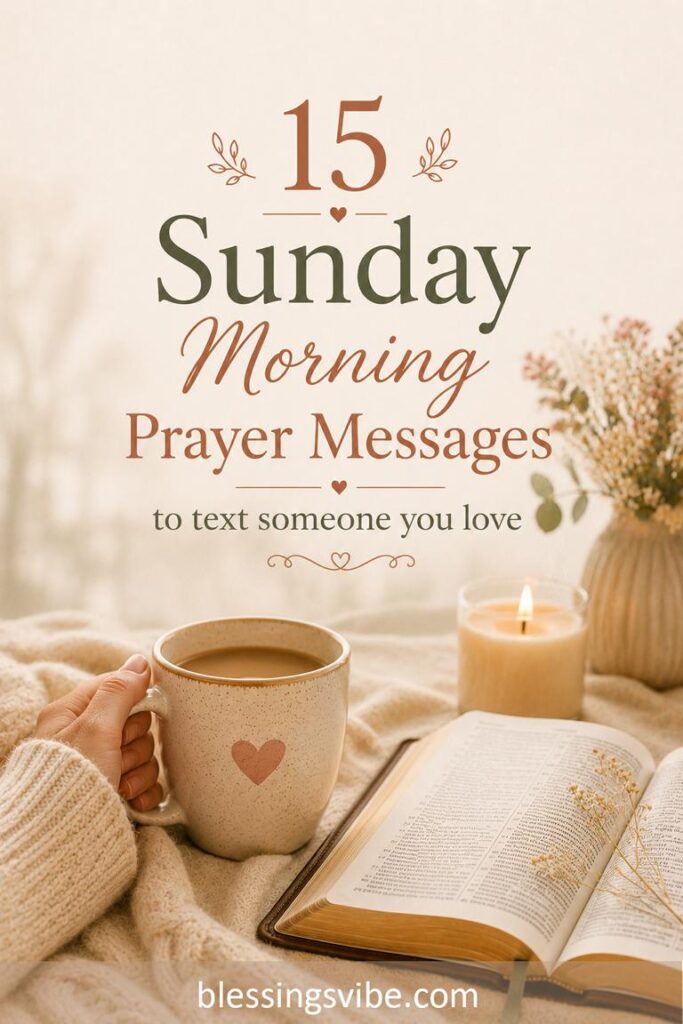Sunday morning prayer messages with hand holding mug beside Bible and candle in soft golden light