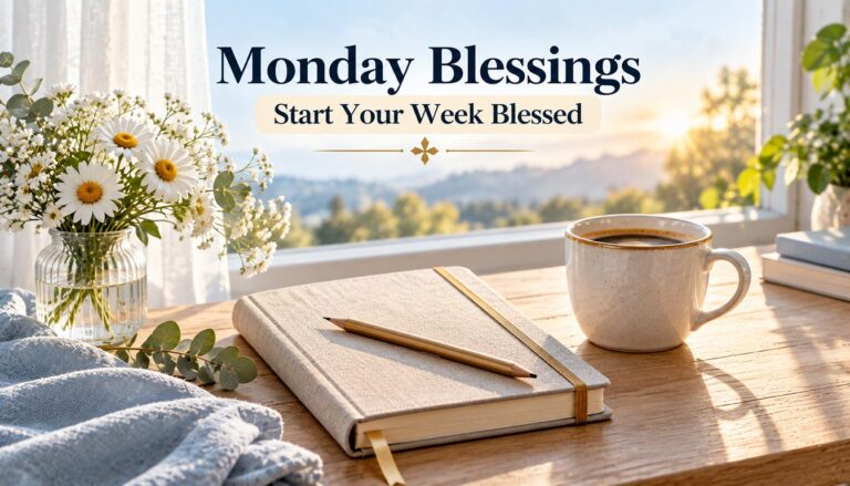 Monday blessings featured image with white daisies, coffee and a weekly planner on a bright desk